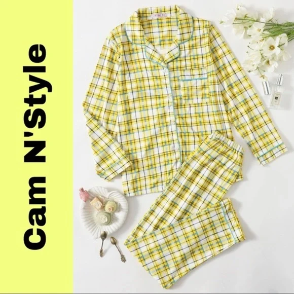 New Yellow Plaid Long Pajama Set - Picture 1 of 5